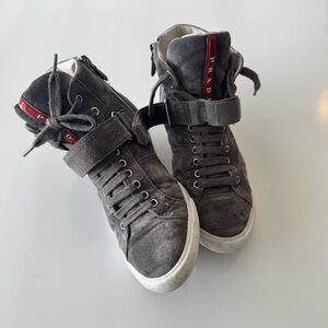 Prada Suede High Top Sneakers Gray Suede EU 36.5 US Size 6 Icon Red Prada Logo
